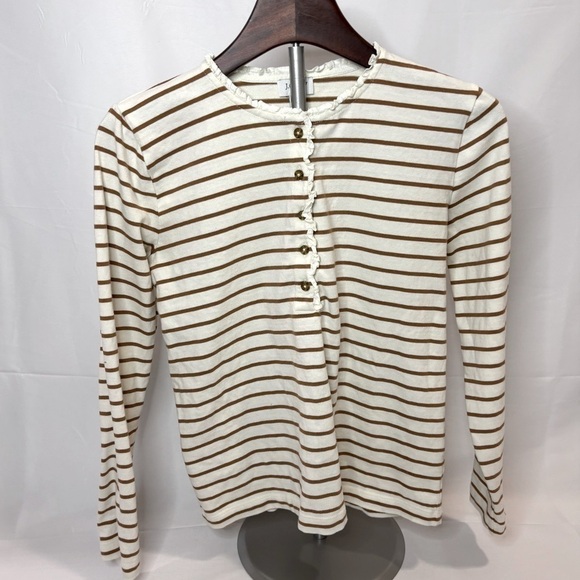 Women’s’ J. Crew Factory Striped ruffle-collar henley, size: XS. Tan and white - Picture 1 of 4